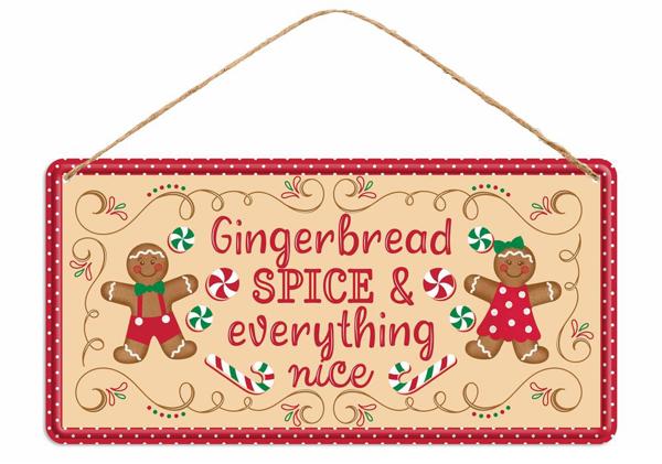 MD1228  12"L Tin Gingerbread Spice Sign  White/Red/Emerald/Tan