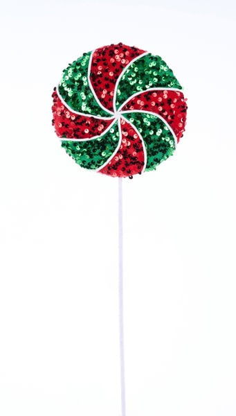 XC1136AR  21.5"Lx6"Sequin Peppermint Lollipop   Red/Emerald Green/White