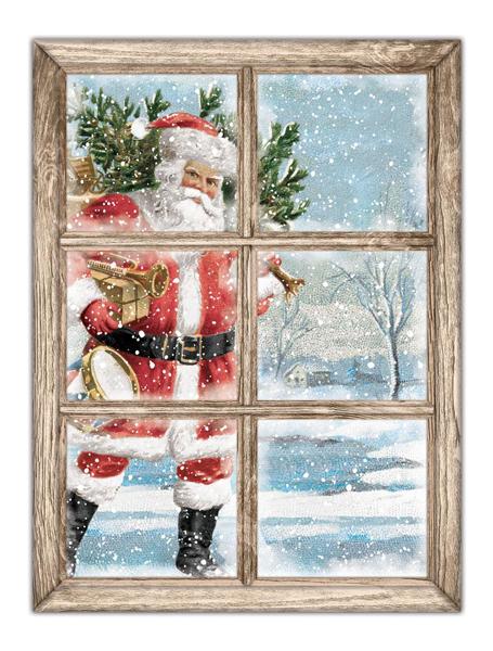 MD1251     12.75"Hx9.5"L Vintage Santa Window Sign    White/Red/Lt Blue