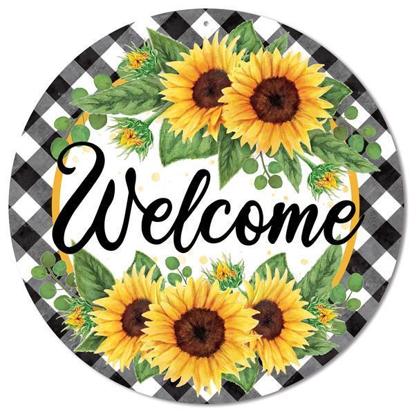 MD0879    12"Dia Welcome W/Sunflowers W/Gingham  Yellow/Moss/White/Black