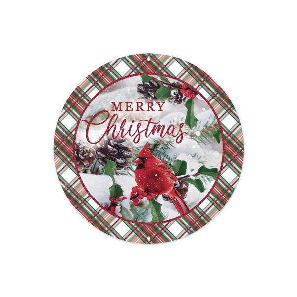 MD1259    8"Dia Merry Christmas/Cardinal Sign   White/Red/Green