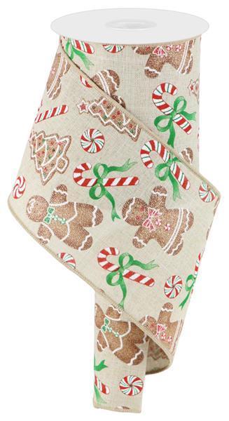 RG0185318   4" x 10yd Gingerbread W/Candy On Royal     Lt Nat/Red/Emerald/Brown