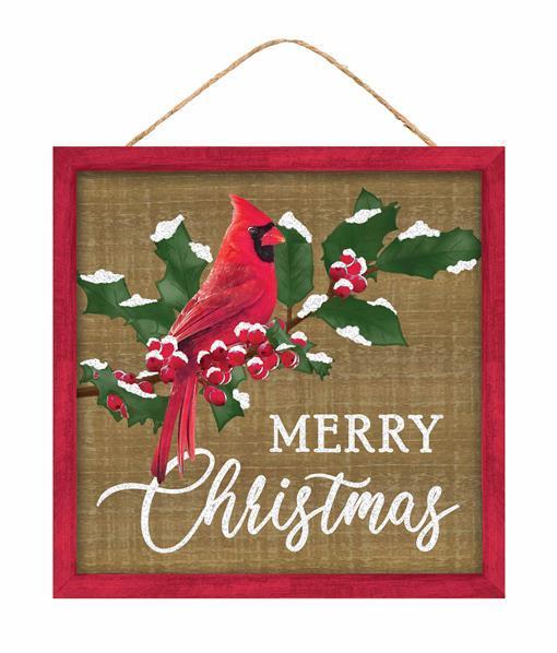 AP8999   10"Sq Merry Christmas W/Cardinal Sign   Tan/Red/Green/White