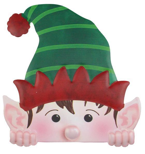 MD0587   12"H x 11"L Metal/Embossed Peeking Elf      Green/Red/Tan