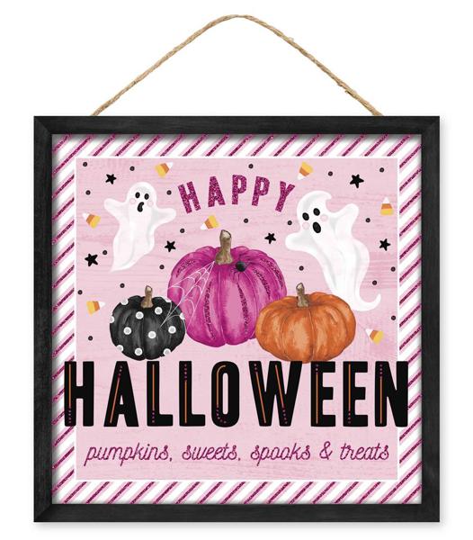 AP7863    10"Sq Happy Halloween Pumpkins        Pink/Org/Blk/Wht