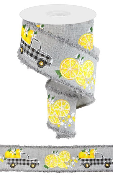 RGA834610   2.5"X10yd Gingham Truck W/Lemons/Drift  Lt Gry/Ylw/Grn/Wht/Blk