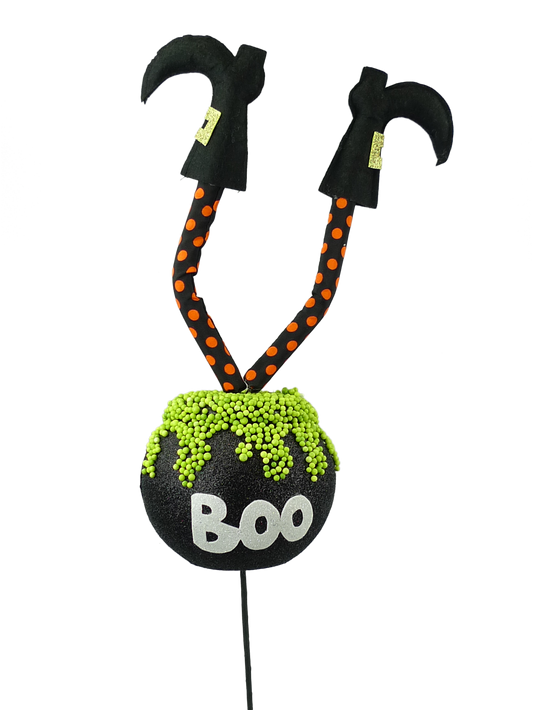 56559HAL    27"    Upside Down Legs Boo Cauldron Spray   Black/Lime/Orange