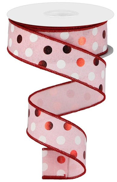 RGA138915  1.5" x 10yd Metallic Dots On Royal Pale Pink/Red/White