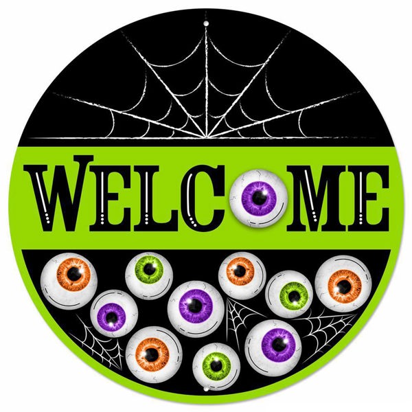 MD1370  12"Dia Metal Welcome W/Eyeballs Sign   Black/White/Orange