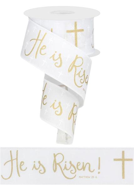 RGA113492    2.5" x 10yd He Is Risen On Royal   White/Gold