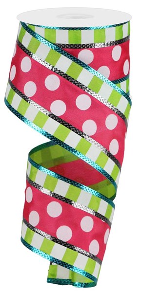 RG8781YA  2.5" x 10yd 3-In-1 Polka Dot W/Stripes Hot Pink/Lime/White/Turq