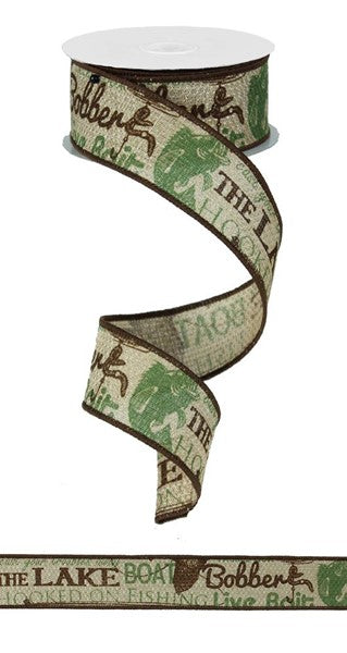 RG1410  1.5" x 10yd Fish Words/Cross Royal Chocolate, Moss Green