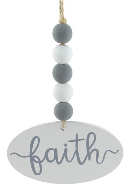 MS166027 6.5" Wood Bead/Faith Oval Ornament White/Grey