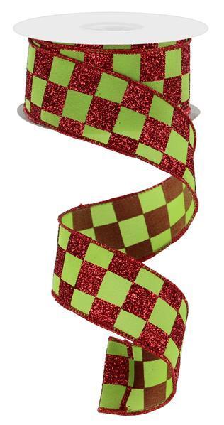 RGC1800T9   1.5" x 10yd Glittered Check On Pg Fabric     Lime Green/Red