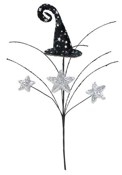 HH1289    15.5"L Glitter/Star Witch Hat Spray    Black/Silver