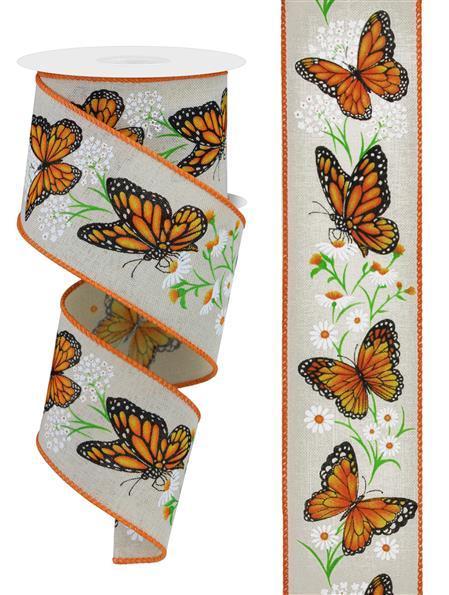 RGE1514C2     2.5" x 10yd Monarch Butterfly W/Daisies    Crm/Dk Org/Ylw/Grn/Wht