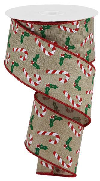 RGB114401   2.5" x 10yd Candy Canes/Holly On Royal    Lt Beige/Wht/Red/Emerald