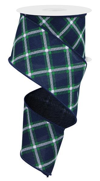 RGE157019    2.5" x 10yd Diagonal Dash Check/Faux Ryl   Navy Blue/Emerald/White