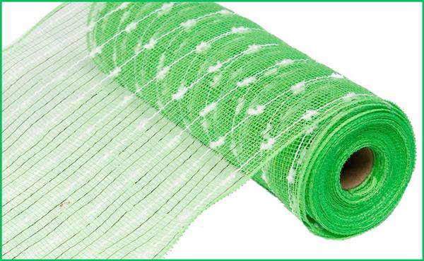 RY820066   10.25" x 10yd Metallic Puff Ball Mesh  Lime Green/White