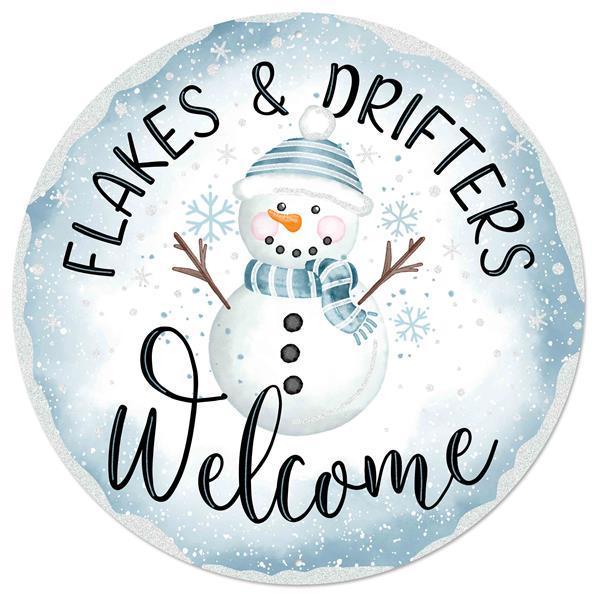 MD0749   12"Dia Metal/Glitter Flakes Welcome Sign   Blue/White/Black