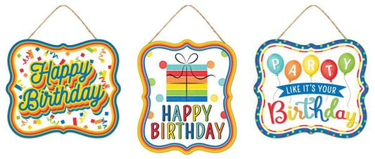 MD107295   7"Lx6"H Embossed Tin Happy Birthday Sign   Red/Yllw/Blue/Lime