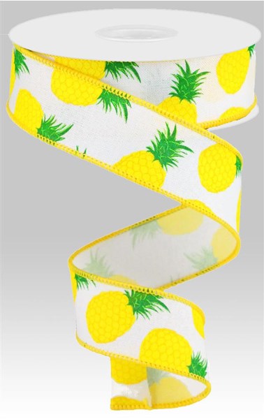 RGA119027 1.5" x 10yd Pineapples On Royal White/Yellow/Green