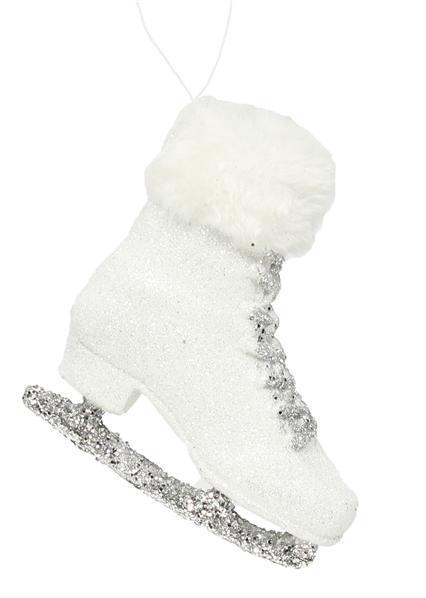 XY819427 4.5"H Glitter Skate W/Fur Ornament   White