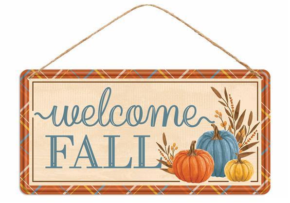 MD1203   12"LX6"H   Embossed Welcome Fall Tin Sign   Cream/Blue/Orange