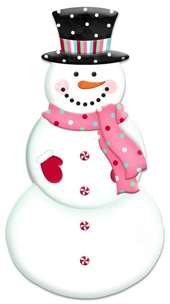 MD0725 12"H X 6.5"L Pink Embossed Snowman W/Scarf White/Pink/Red/Black