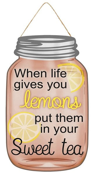 AP8401 10"H X 6"W Life/Lemons Mason Jar Sign Pink/Yellow/Silver