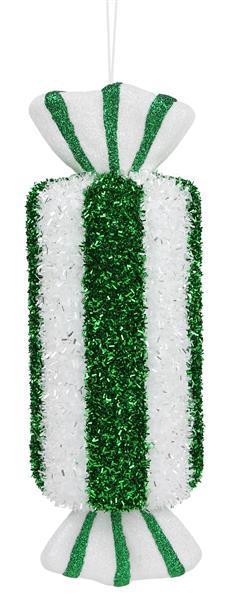 XJ448639   11"Lx4"Dia Striped Candy Ornament   Emerald/White