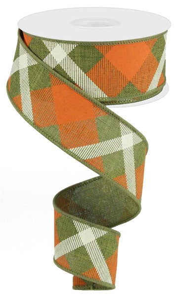 RG01682EW  1.5" x 10yd Printed Plaid On Royal Fern/Orange/Cream