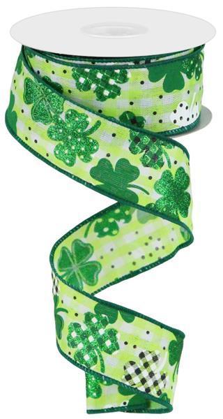 RGC1882      1.5" x 10yd Patterned Shamrocks    Lim/Wht/Grn/Emrld/Wht/Blk