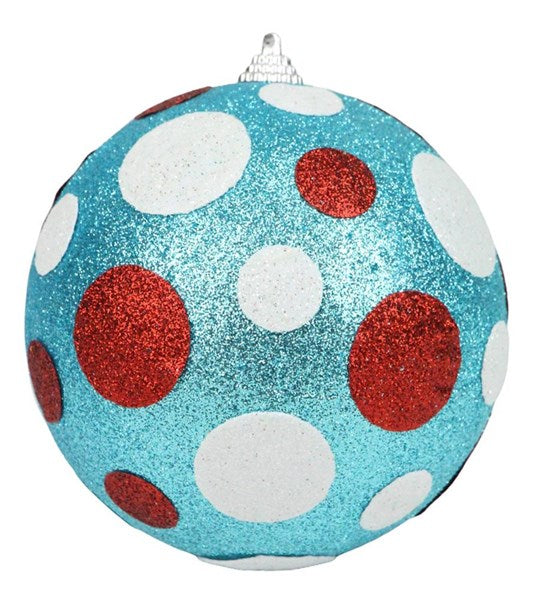 XY8129J5 4.75"Dia Glitter/Fabric Polka Dot Ball Turquoise/Red/White