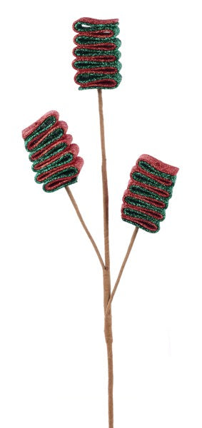 XP384072  22"L Glitter/Eva Ribbon Candy Pick x 3 Red/Emerald Green