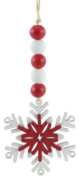 XA118324 8" Wood Bead/Snowflake Ornament  Red/White