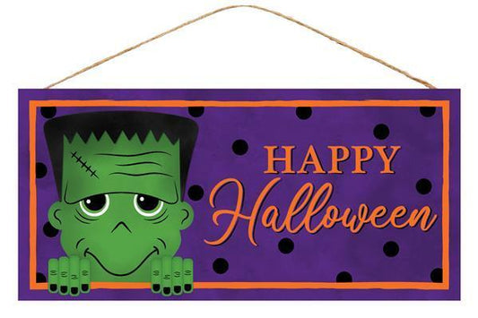 AP7006  12.5"L x 6"H Happy Halloween Frankenstn     Purple/Green/Orange/Black