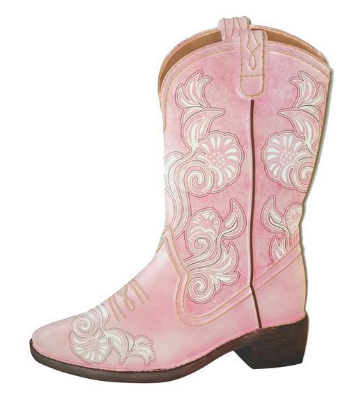 MD0828    12.5"H Embossed Floral Cowboy Boot    Pink/White/Tan