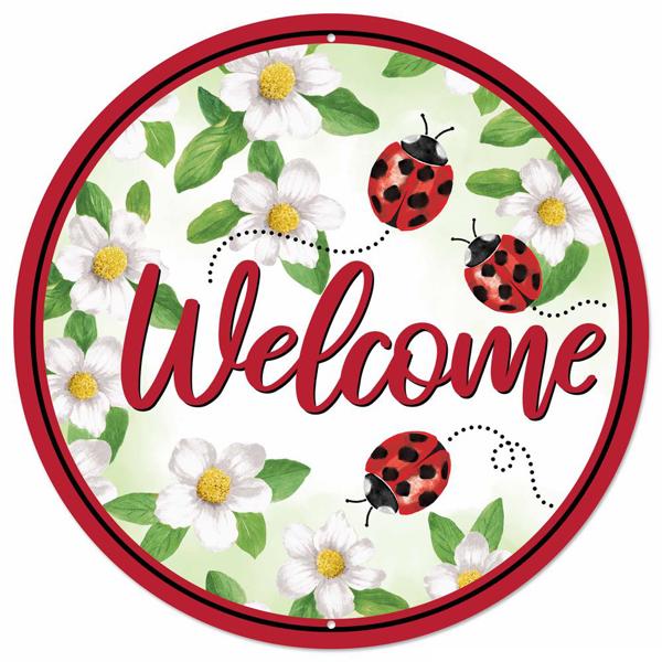 MD1322  12"Dia Metal Welcome W/Ladybugs Sign   Black/White/Red/Green