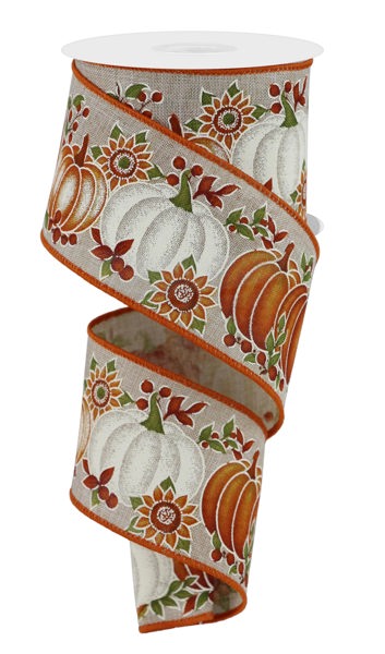 RGE195118  2.5" x 10yd Pumpkins/Sunflower Lt Nat/Multi