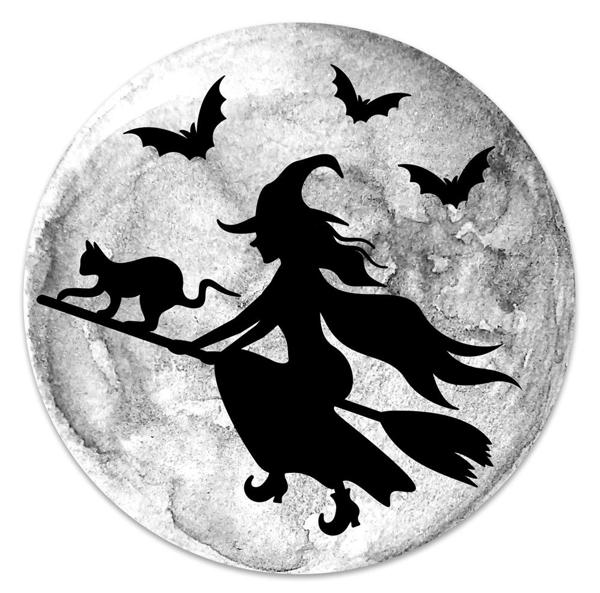 MD1181    12"Dia Metal Witch Flying By Moon Sign    Black/White/Grey