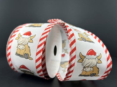 76468-40-01 2.5" x10yd Christmas Highland Cow Candy Cane Edge