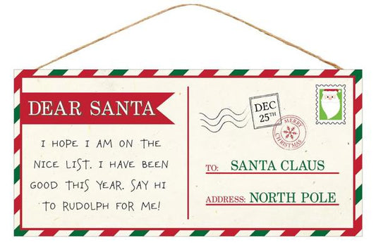 AP8479    12.5"L x 6"H Dear Santa Postcard Sign    Cream/Green/Red