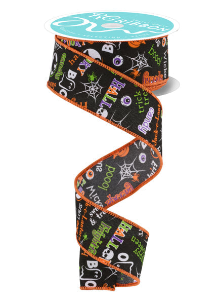 RGF1304YR  1.5" x 10yd Halloween Words Blk/Prpl/Orng/Lime