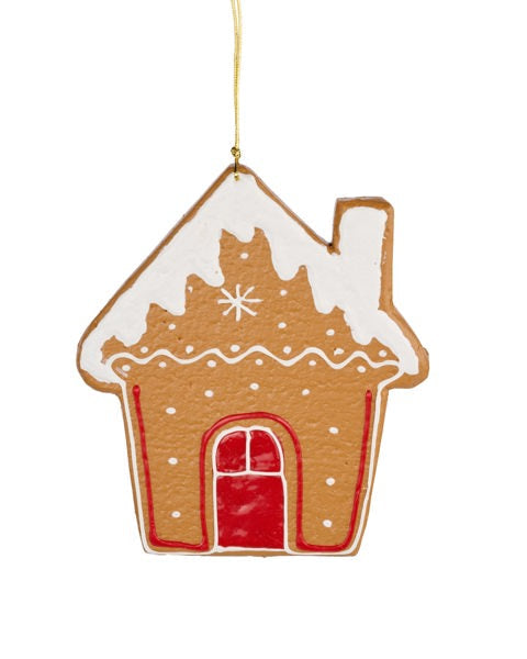 XJ5557   6" x 7" Gingerbread House Ornament   Beige/Red/White