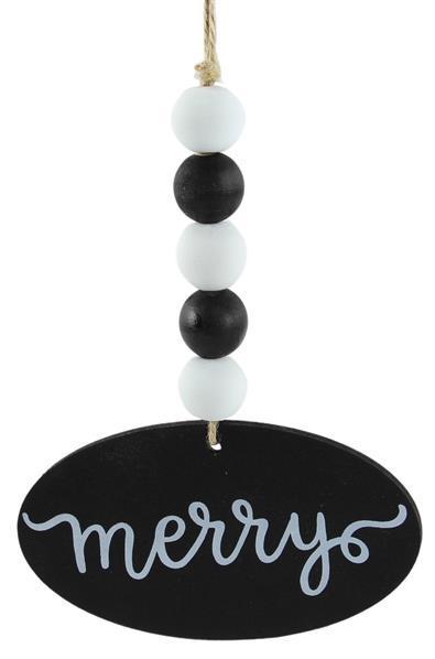 XA118802 6.5" Wood Bead/Merry Ornament Black/White