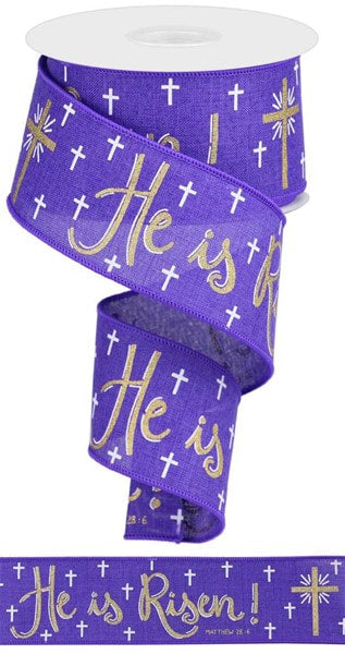 RGA113423     2.5" x 10yd He Is Risen On Royal   Purple/Gold