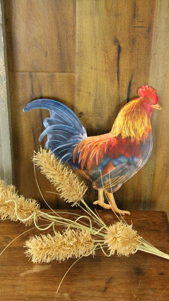 MD066417 12"H X 11.75"L Metal/Embd Red/Gold Rooster Teal/Yellow/Orange/Grn