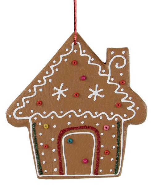 XJ4445  5.5"SQ Gingerbread House Ornament   Brown/Red/Green/White