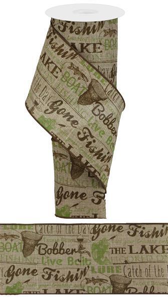 RG1409    4" x 10yd Fish Words/Royal   Chocolate, Moss Green